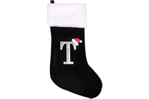 jargebur 20 Inches Initial Monogram Christmas Stocking Personalized,Deluxe Black Velvet Body with Super Soft Plush Cuff Embroidered Letter,Holiday Season Decor