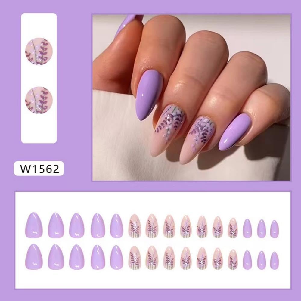 Purple Press on Nails Medium Almond Fake Nails Lavender False Nails with Design Flower Glue on Nails Glossy Full Cover Reusable Artificial Acrylic Stick on Nails For Women Girls Manicure 24PCS - Image 4