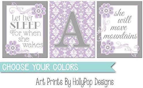 Purple gray little girls room wall art, Let her sleep quote, quotes for girls, Baby girl nursery art, Purple bedroom art, damask nursery decor - SET OF 3 UNFRAMED ART PRINTS #1755
