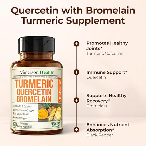 Quercetin with Bromelain Turmeric Curcumin Supplement – Triple Action: Allergy Relief, Inflammation and Joint Support with Organic Tumeric + Bioperine for Max Absorption – 60 Quercetin 500mg Capsules