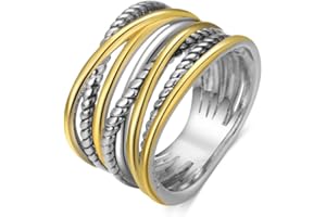 Mytys Silver 2 Tone Wide Statement Rings Vintage Cable Wire Crossover Chunky Band Rings for Women