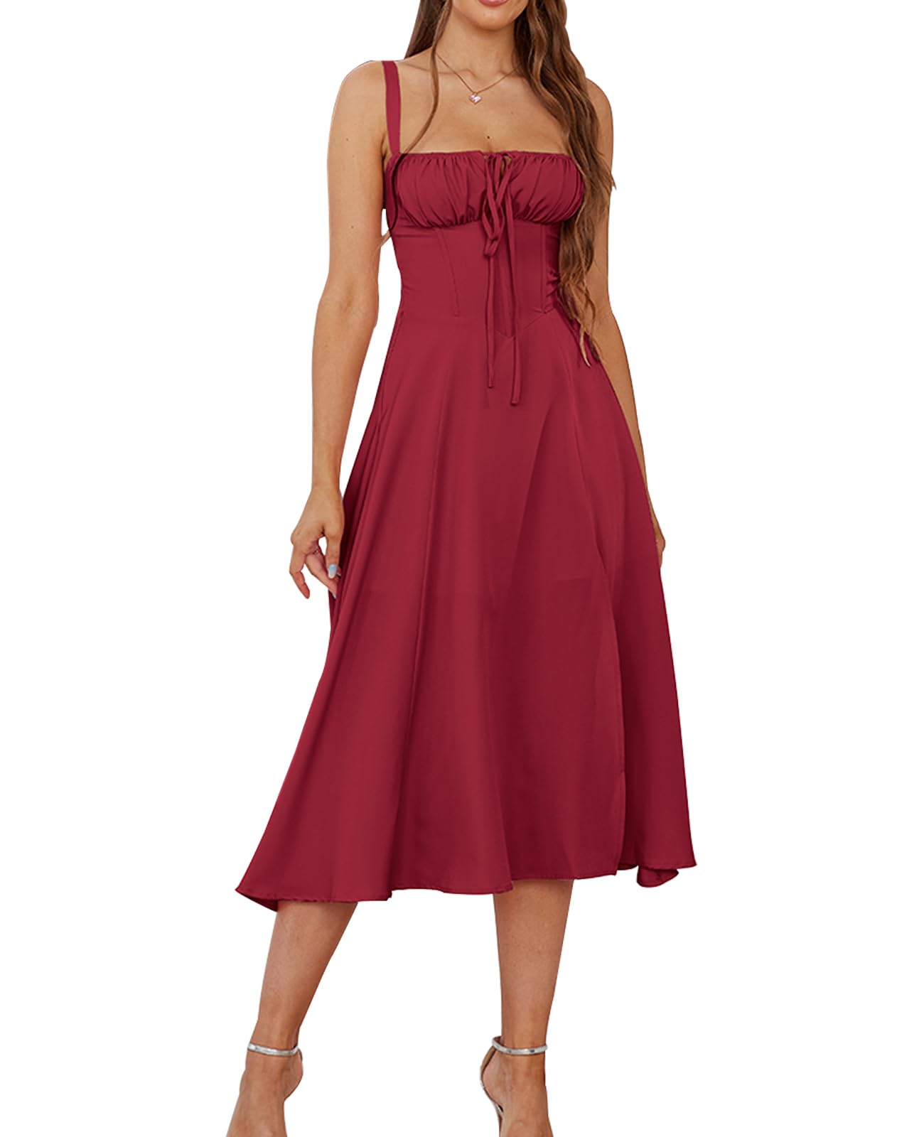 Wedding Guest Dresses for Women Midi Corset Lace Up A Line Dress Solid ...