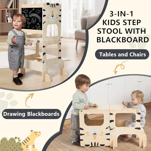 labebe Montessori Tower Children, Multifunctional Montessori Folding Wooden Tower 3 in 1 Learning Tower for Children with Tigers Chalkboard