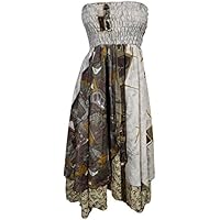 Mogul Womens 2 in 1 Strapless Dress Maxi Skirts Boho Recycled Printed Vintage Sari Two Layer