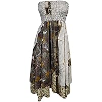 Mogul Womens 2 In 1 Strapless Dress Maxi Skirts Boho Recycled Printed Vintage Sari Two Layer