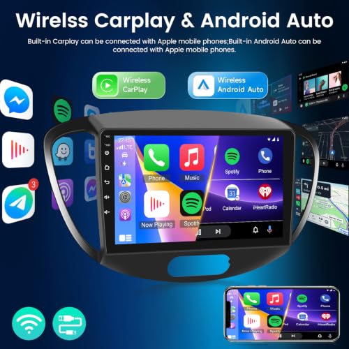NHOPEEW Autoradio Android per Hyundai i10 con CarPlay e Android Auto | Compatibile con Hyundai i10 2007-2013, WiFi, Mirror Link, DSP, schermo diviso, telecamera di retromarcia e microfono