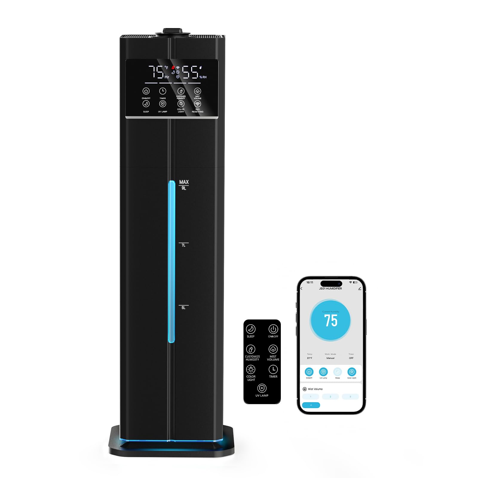 Photo 1 of Zeova 9L/2.4Gal Smart Cool Mist Humidifier, Top Fill Quiet Humidifier Large Room, Covers 550ft², App & Remote Control, 60H Runtime, 7 Colors Light, 4 Mist Modes Humidifiers for Bedroom, Office, Black