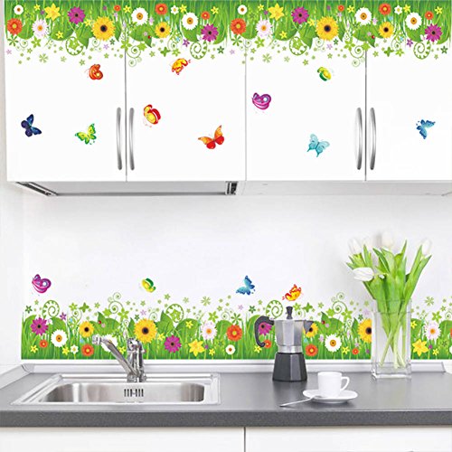 BIBITIME Flowering Grassland Flower Border Decal Butterflies Wall Skirting Sticker for Bathroom Glass Door Window Kitchen Lockers Nursery Decor Art Mural