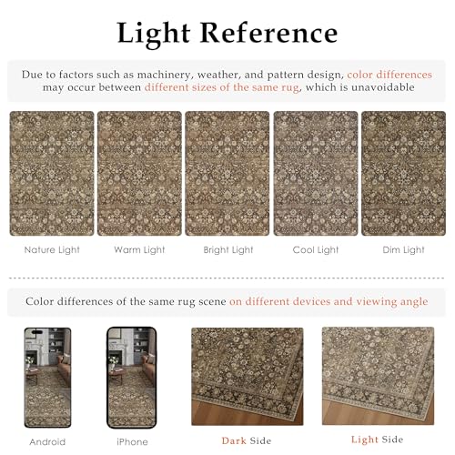 Hugear 8x10 Machine Washable Vintage Area Rug Neutral Brown Distressed Floral Persian Low Pile Rug Non Slip Soft Indoor Large Carpet for Living Room Bedroom Dining Office