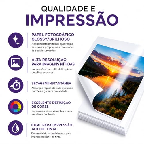 Papel Adesivo Fotográfico A4 Glossy 80g 100 Folhas Branco Alta Resolução Secagem Instantânea