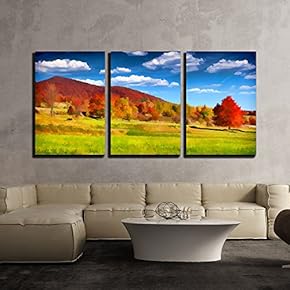 3 Piece Canvas Wall Art - Digital Artwork in Watercolor Painting Style. Colorful Autumn Landscape in The Mountains - Modern Home Art Stretched and Framed Ready to Hang - 16"x24"x3 Panels