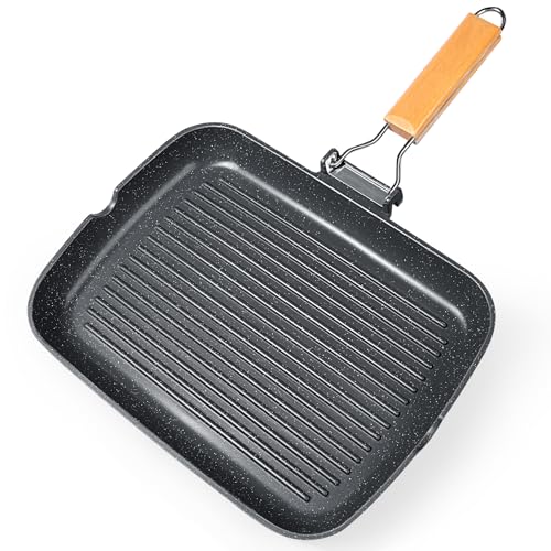 GiPP Non-Stick Grill Pan 34 x 24 cm with Folding Handle | Suitable for all types of stoves, induction, gas, ceramic, electric, aluminium, easy to store and save space