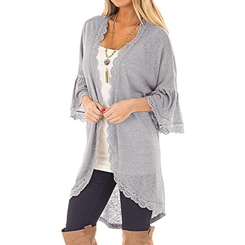 Farmerl Women's Loose Casual 3/4 Bell Sleeve Lace Kimono Cardigan Gray