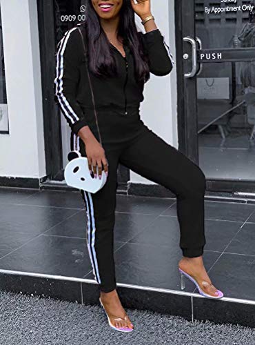 Women Two Piece Hooded Tracksuits Striped Jacket and High Waist Leggings Suit Worksuit Activewear Sets Black XL