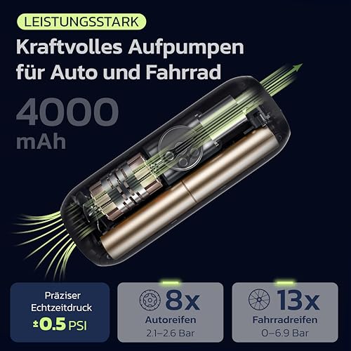 Woowind Bicycle Air Pump for Car, Bicycle & Moto, Auto Stop, 10.3 Bar | Electric bicycle pump, battery compressor, 1 minute inflation, LCD display, LED light
