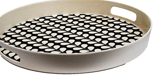 Large 35cm Bamboo Round Serving Tray with Handles Tea Tray Deep Tray (Leaves)