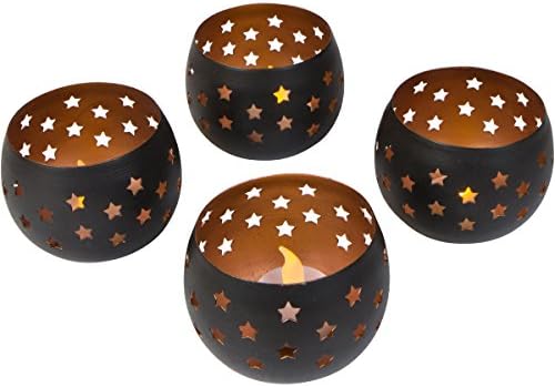 Planet Ethnic Decorative Tealight Candle Holder Set (4 holders, 3.8 X 2.8 inch) with flickering yellow LED tealight candles, batteries included (Decorative Stars)
