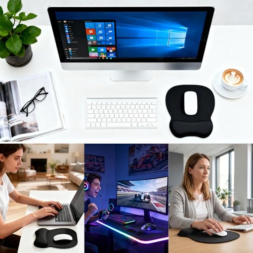 EooCoo Ergonomic Mouse Pad with Wrist Support, Mousepad with Memory Foam Wrist Rest and Non-Slip Base for Computer, Cafe, Home & Office, 9.64 x 8.26 in Office Desk Accessories, Black