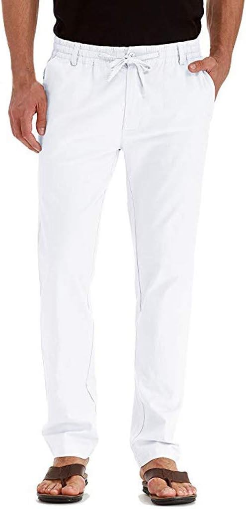 Zerototens Mens Casual Linen Cotton Trousers Elasticated Waist Drawstrings Pants Lightweight Breathable Yoga Gym Summer Pants Straight Leg Comfortable Athletic Pants
