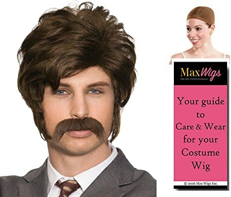Chip 70s Wig Mustache Set Color Brown - Enigma Wigs Men's Hollywood Porn Police Officer Bundle Cap, MaxWigs Costume Wig Care Guide