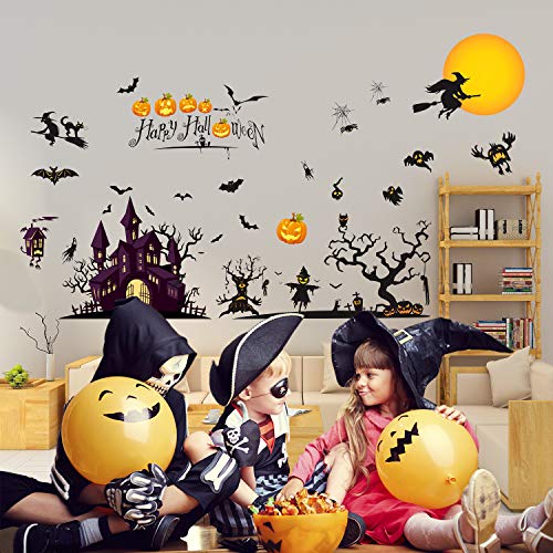 JVIGUE Happy Halloween Wall Decals Pumpkins Spooky Cemetery Witch and Bats Tomb Wall Stickers for Halloween Decoration