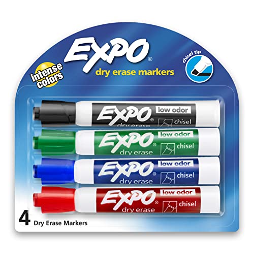 EXPO Low-Odor Dry Erase Markers, Chisel Tip, Assorted Colors, 4-Count