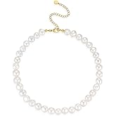 Natural Freshwater Baroque Pearl Necklace 14K Gold Plated Dainty Choker Necklace for Women Girls Snake Chain/Cuban Link/Paperclip/Ball Beaded Chain/Tennis Chain Fashion Jewelry for Gift