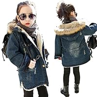 TAOJIAN Little Girls Fall Winter Hooded Denim Ripped Coat Fleece Jacket Outerwear (5-6Years, Blue)