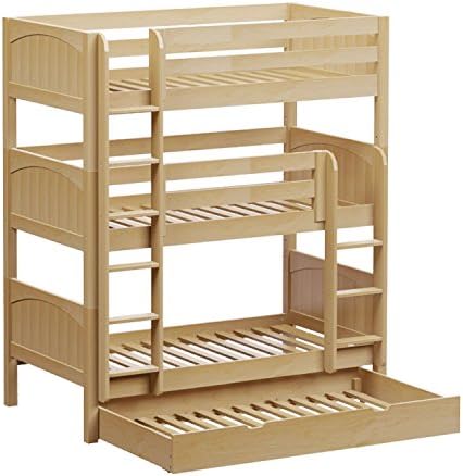 Maxtrix Solid Hardwood Triple Twin-Size Bunk Bed with Straight Ladder and Trundle, Natural
