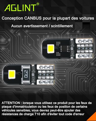 AGLINT T10 LED Bulbs Canbus Error Free 12V White No Polarity Designed W5W 194 501 168 Wedge Car Interior Dome Light Door Side Trunk Ceiling License Plate 10Pcs