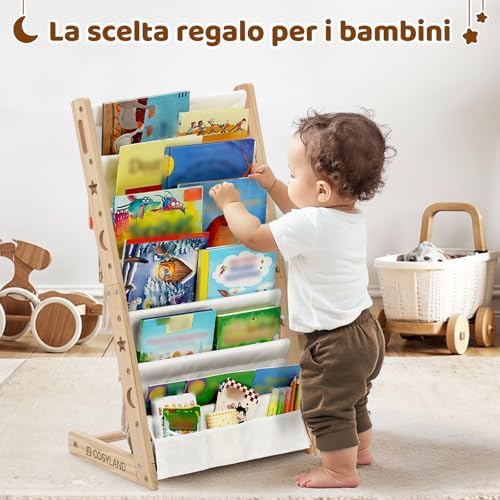 Libreria Montessori per Bambini Con 6 Scomparti in Tessuto Oxford - Libreria per Bambini in Legno Naturale - Libreria Montessori Con Bordi Arrotondati e Design Spazio-Saving(Naturale)