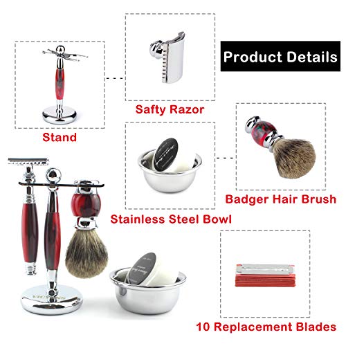 VICYUNS Luxury Grooming Shaving Set for Men Including Double-sided Razor, Allergy Shaving Soap, Stainless Steel Mirror Bowl, Hair Shaving Brush,10 Replacement Blades (Red)