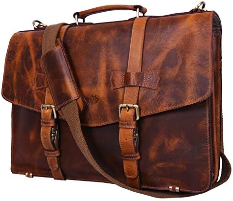 17" Leather Briefcase Satchel Bag Portfolio Office Bag for Men Brown