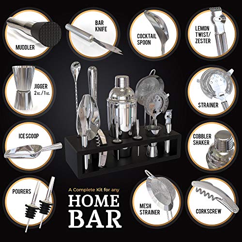 Highball & Chaser Barkeeper-Kit mit Espresso-Bambusständer. Wunderschönes Cobbler Cocktail-Shaker-Bar-Set mit Bar… – Bild 3
