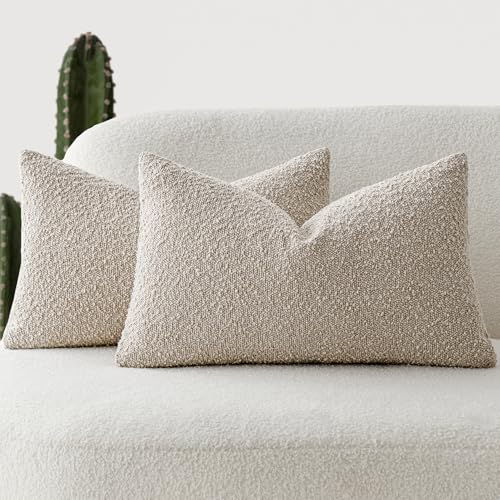 Foindtower Pack of 2 Textured Boucle Throw Pillow Covers Accent Solid Lumbar Pillow Cases Cozy Soft Decorative Couch Cushion Case for Chair Sofa Bedroom Living Room Home Decor, 12 x 20 Inch,Oatmeal