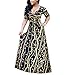 Womens Casual Sexy V Neck Long Sleeves Printed Loose Stretch Floor Length Maxi Prom Party Dress with Belt BlackGold