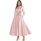 Tea Length Mother of The Bride Dress for Women Long Sleeve Floral Satin Formal Wedding Guest Dress with Pockets