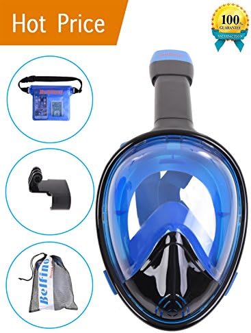 Full Face Snorkel Mask - Panoramic 180° View Swimming Snorkel Mask with Anti Fog Technology and Dry Top Snorkel. Removable GoPro Camera Mount and Waterproof Pouch Included. Ideal for Scuba Diving.