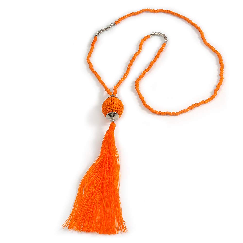 Avalaya 72cm L/ 14cm Tassel/Orange Glass Bead Cotton Tassel Necklace