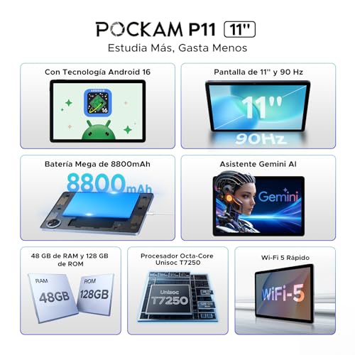 POPUX P11 Tablette 11 Pouces, Tablette Android 16 avec 48Go+128Go/2To TF, T7250, 90Hz Display, 8800mAh, Gemini AI, Tablette avec Stylet & Clavier, 13MP+5MP, Widevine L1, Face ID, 5G WiFi, Gris