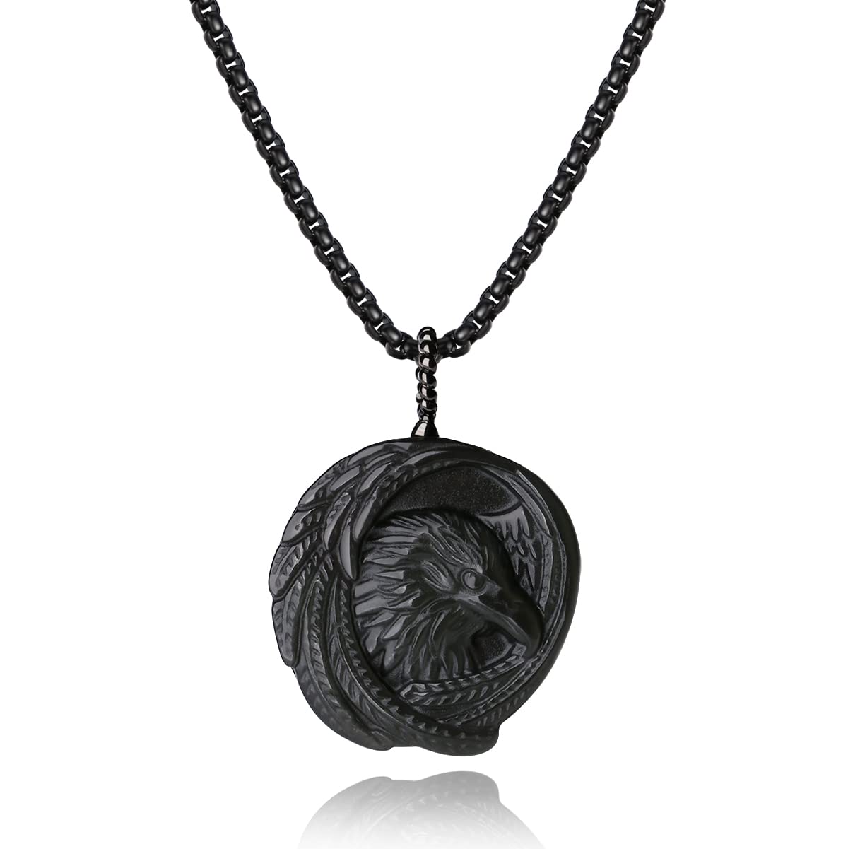 COAI Bold Eagle Black Obsidian Men's Viking Necklace, Stainless Steel Box Chain 60cm