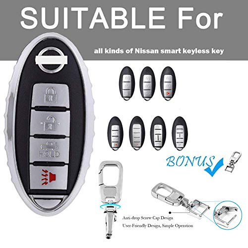 QBUC Car Key Cover for Nissan, 3 4 5 Button Case for Nissan Key Fob Cover with Key Chain, Replacement Key Fob for Infiniti Altima Maxima Murano and More (Sliver)