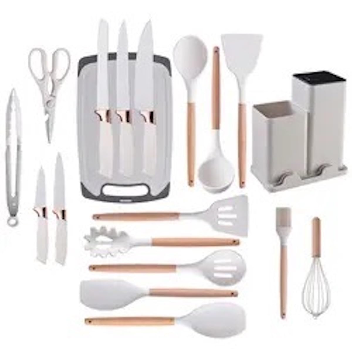 Photo 1 of 19-Piece Kitchen Utensil & Knife Block Set: 12 Non-Stick, Heat-Resistant Silicone Cooking Utensils (Spatula, Tongs, Ladle, Scissors) + 5 Sharp Kitchen Knives & Cutting Board (White)