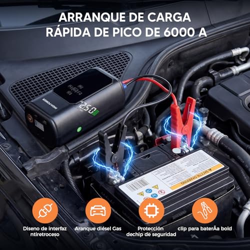 Arrancador de Batería 6000A con Compresor, 10 en 1 Jump Starter 12V para 10L Diésel, Inflador 160 PSI, Luz LED y Cable de arranque estándar – Caja de Arranque Portátil para Auto, Edición estándar