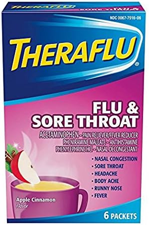 Theraflu Powder for Flu and Sore Throat, Apple Cinnamon 6 packets (5 Pack) SDFV