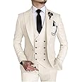 Wangyue 3 Piece Suit Slim Fit Men Suits Double Breasted Wedding Party One Button Blazer Jacket Vest Pants Sets Beige