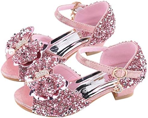 GACOZ Girls Sparkly Latin Dance Shoes, String Bead Sequin Bowknot Shoes Training Waltz Rumba Samba Tango Open Toe Dancing Shoes Princess Comfortable Low Heel Shoes for Special Occasion