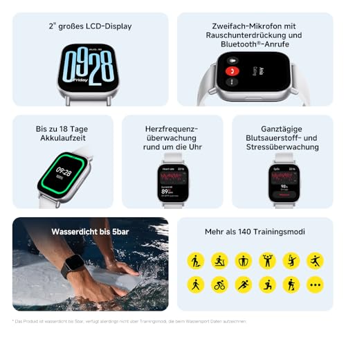Xiaomi Redmi Watch 5 Active Smartwatch, 2.0" LCD Display, 18 Tage Akku, 140+ Sportmodi, Herzfrequenz- und SPO₂-Tracking, 5ATM Wasserdicht, Bluetooth-Anrufe, Fitness-Tracker, Schlafüberwachung 2