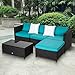 Peach Tree 5 PCs Outdoor Furniture Sectional Sofa with Ottoman and Glass Table Set Patio Black PE Rattan Wicker Sofa with Turquoise Cushions
