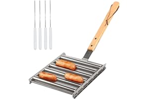 Rolling Sausage Grill Stainless Steel BBQ Hot Dog Roller Rack with Wood Long Handle and 4 Skewers for Outdoor Grill, 5 Hotdog